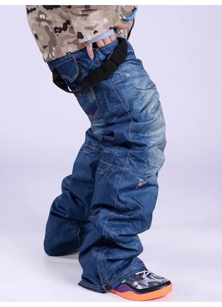 style denim ski pants suspenders denim ski pants men's skating snowboard waterproof, windproof and warm ski pants