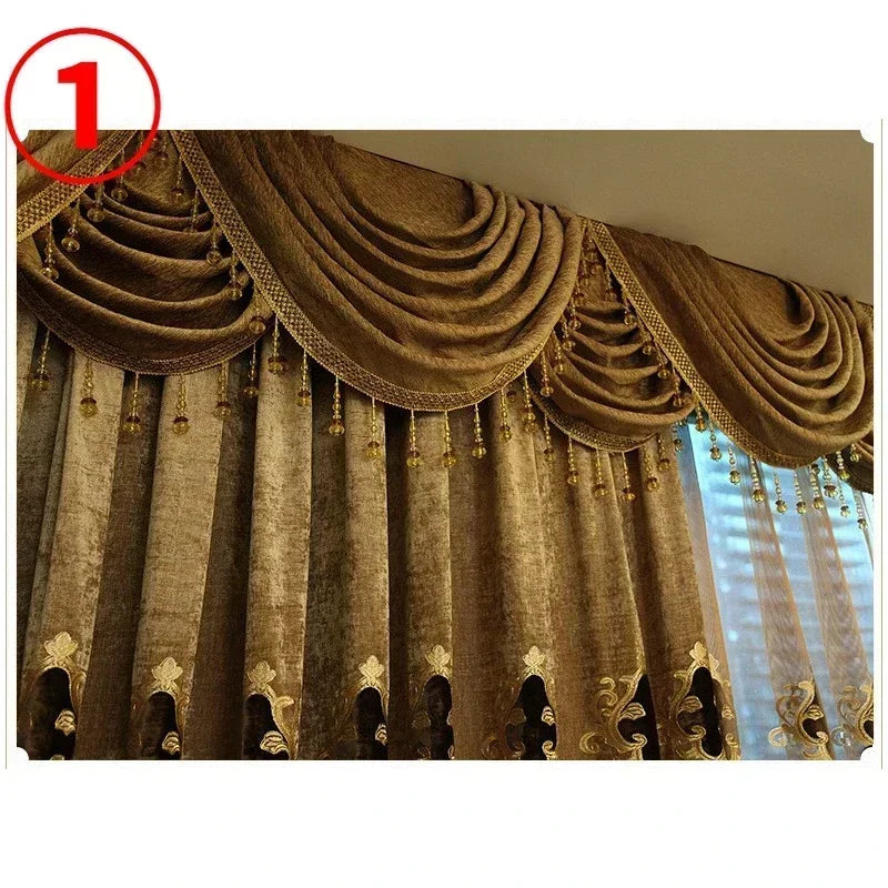 Embroidered Chenille Velvet Curtains for Living Room Bedroom European Modern Brown Gold Sheer Tulle Windows Backdrop Valance