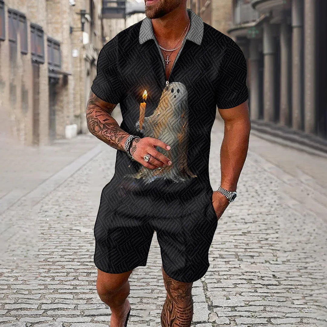 Men Tracksuit Summer New 3D Printed Beach Zipper Polo Shirts Shorts 2 Pcs Sets Boho Geometric Style Holiday Clothing Ropa Hombre