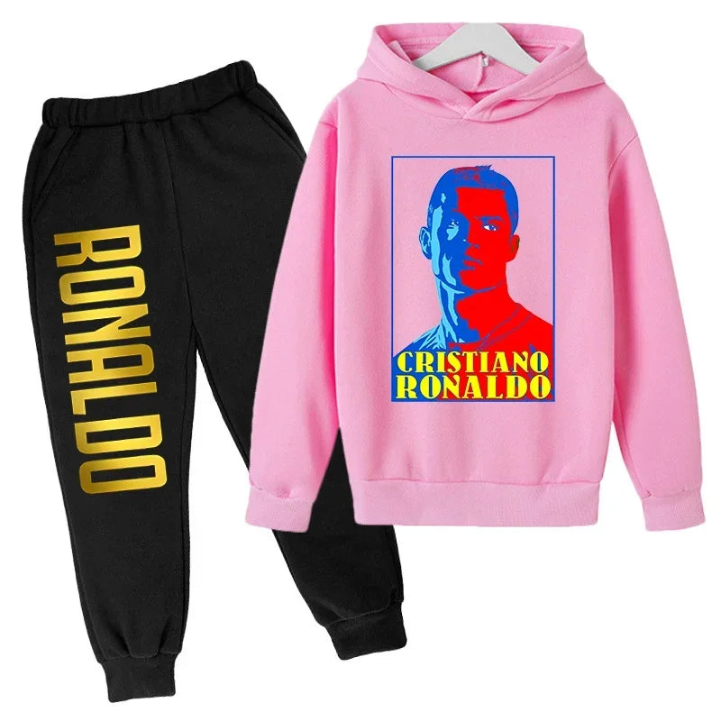 Children's Clothing Children's Sports Suit Spring and Autumn Fleece Hoodie Pants 2-piece Set Ronaldo Printed Kids Clothes Girls