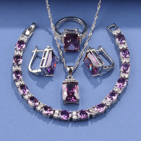 Rectangle 925 Silver Jewelry Accessory Fashion Vintage Original Set Of Earrings Women's Ring  Hand Bracelets Necklace Pendant