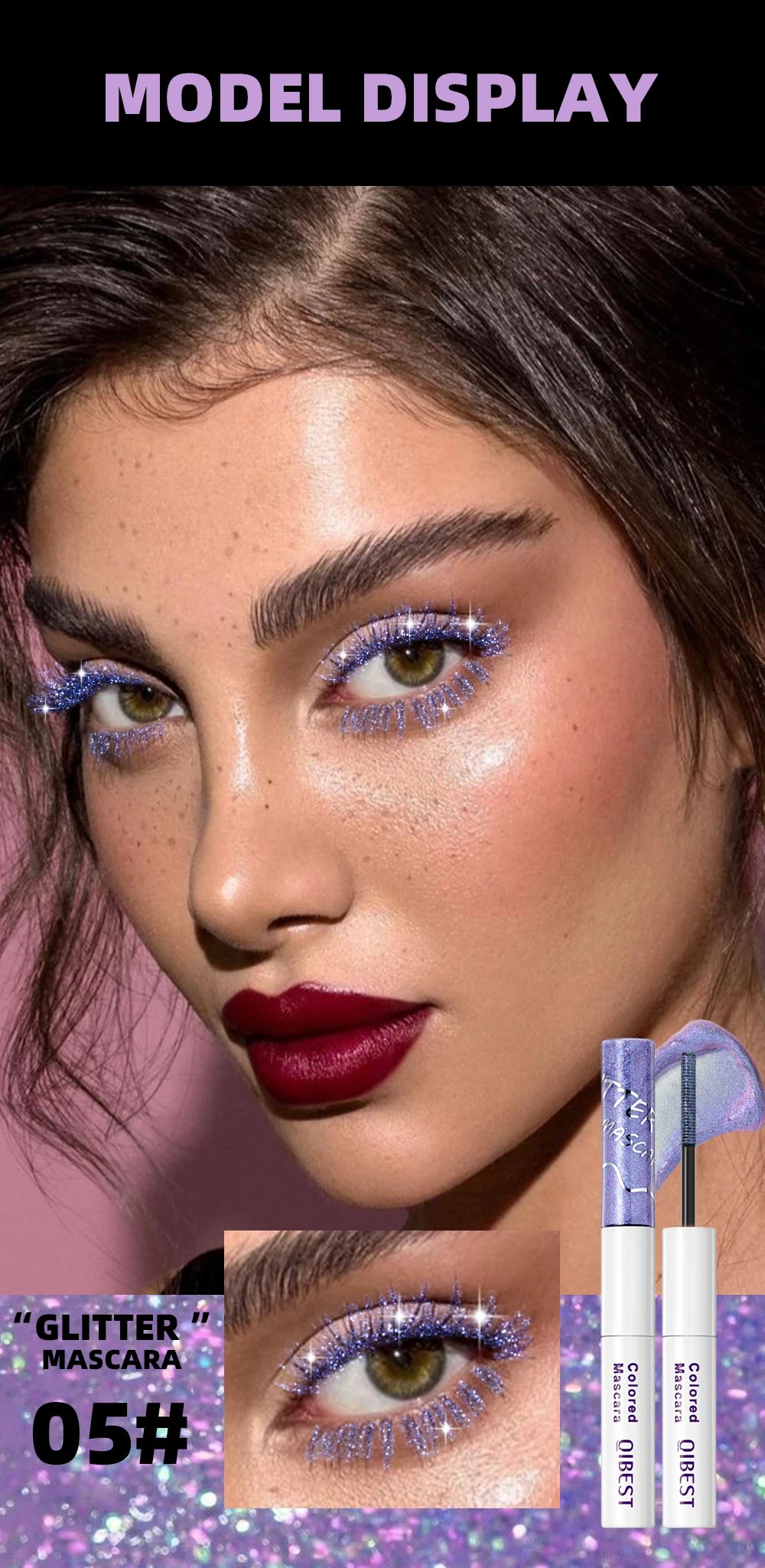 QIBEST Double Head Diamond Glitter Mascara Lasting Colored Mascara Eyelashes Pink Blue Green Red Brown Voluminous Mascara Rimel