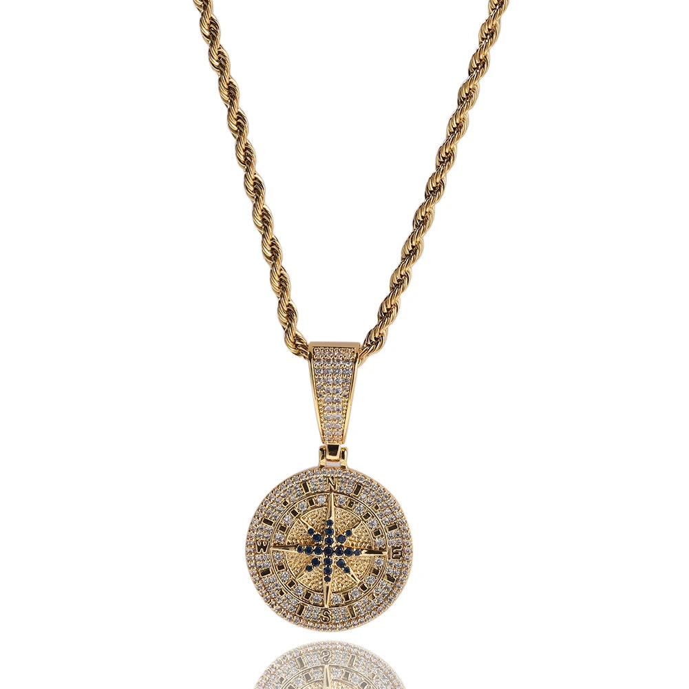 UWIN Compass Pendant Necklaces for Men Women Iced Out Black and White Cubic Zirconia Charms Fashion Jewelry for Gift