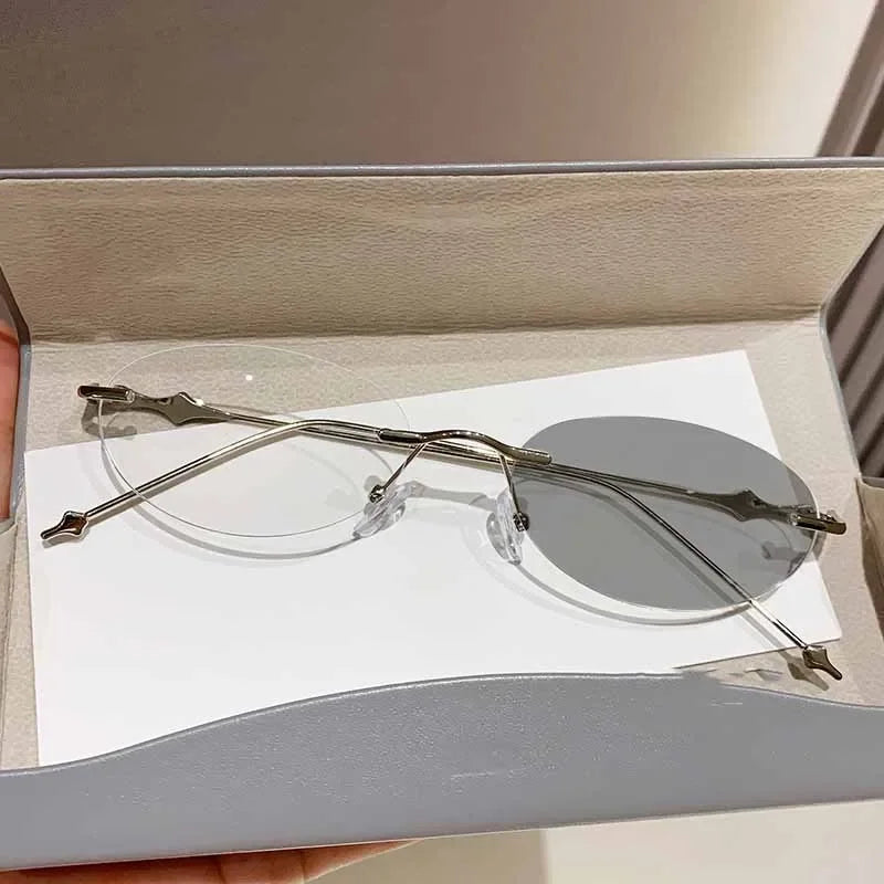 New Photosensitive Color Changing Myopia Glasses Retro Oval Frameless Anti Blue Light Goggles for Men and Women Reading Glasses