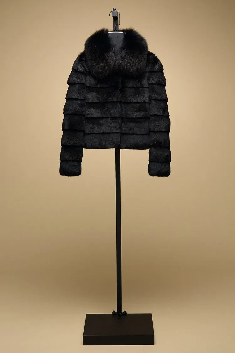 OFTBUY 2024 New Real Rabbit Fur Coat with Fox Fur Collar Women Full Pelt Fox Fur Jacket Winter Rabbit Fur Waistcoat High Street