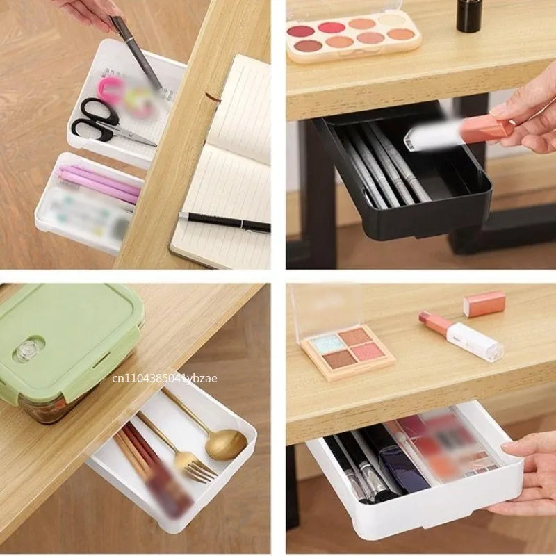 White Self-Adhesive Storage Drawer Box Makeup Pencil Tray Desk Hidden Under Desk Stand Self-adhesive Under-drawer Storage Boxes