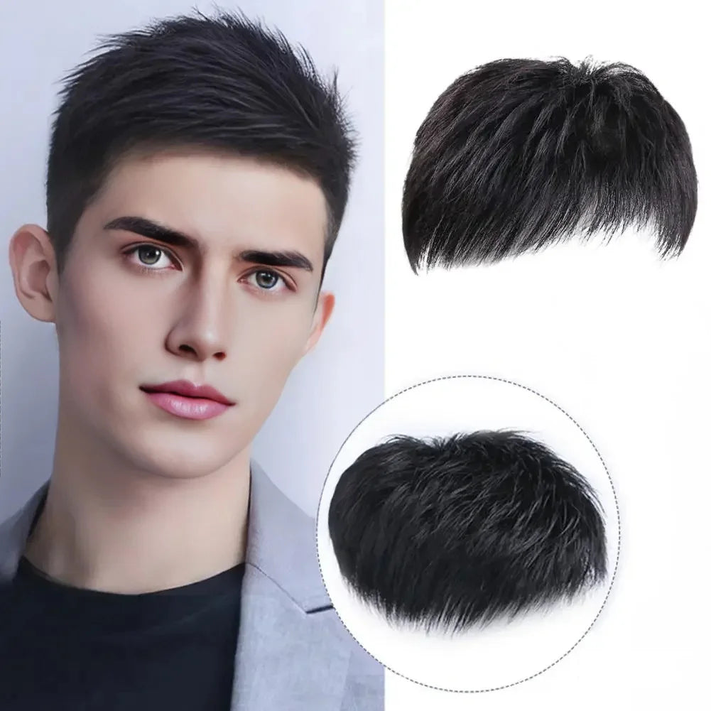Synthetic wig for men with short hair, with a buzz cut style, on a bald head, with high-temperature hair extensions at the top.