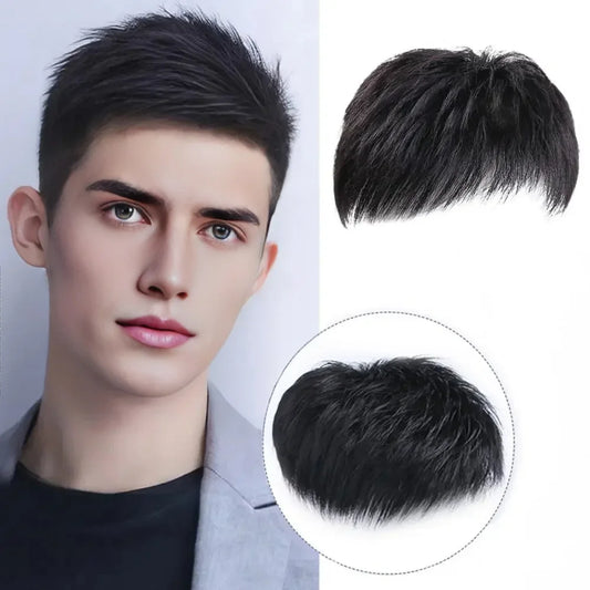 Synthetic wig for men with short hair, with a buzz cut style, on a bald head, with high-temperature hair extensions at the top.
