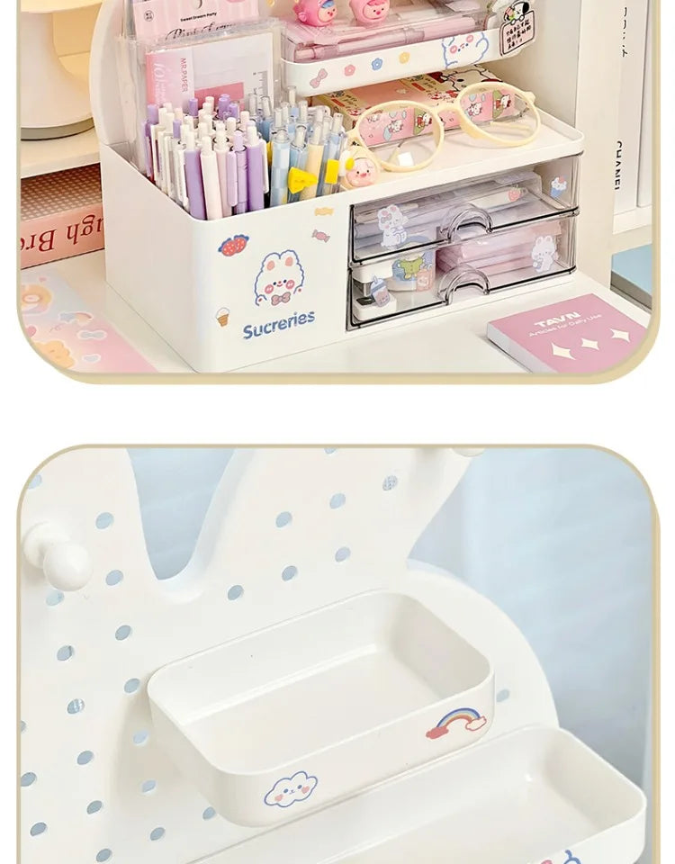 Desktop Hole Board Storage Box Desk Organizer Girls Cute Pen Holder Storage Stationary Rack Korean Kawaii Bunny Cosmetic Shelf