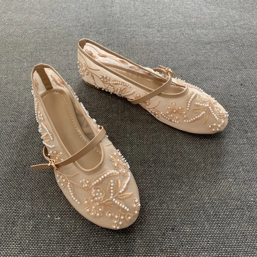 Women Design Embroidery Flowers Pearl Mesh Round Tor Buckle Strap Ballet Flats Loafers Ladies Mary Jane Shoes Woman Mules Sandal