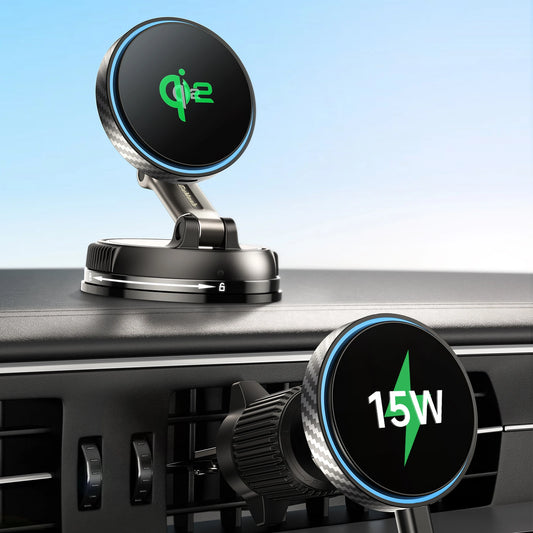 QI2 certified magnetic suction cup car Magsafe true 15W wireless charger mobile navigation air outlet suction cup bracket