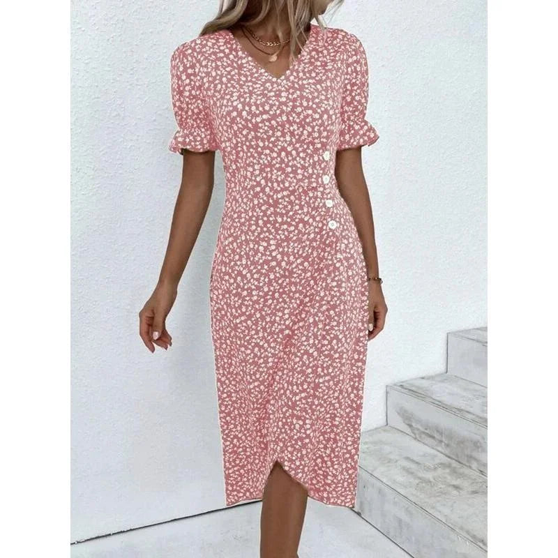 Elegant Floral Pleated H shaped Midi Dress Female V Neck Puff Sleeve Waist Ruched Button Dresses Women Summer Dress Robe