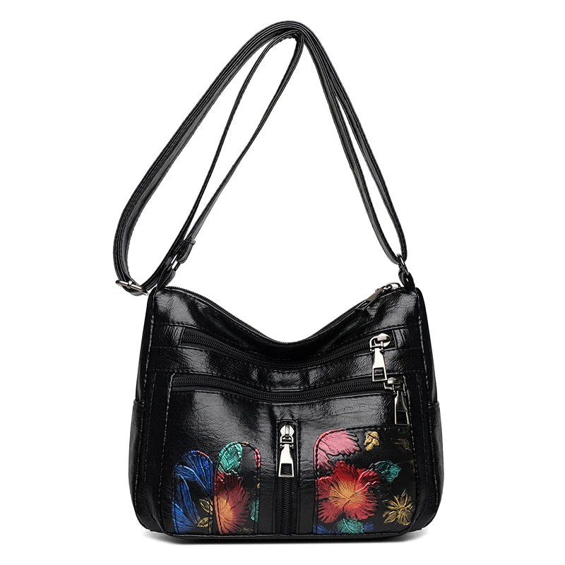 Luxury Soft Leather Women Messenger Shoulder Handbags and Purses Flowers Multi-pocket Crossbody Mommy Bag Ladies Sac 2022 New