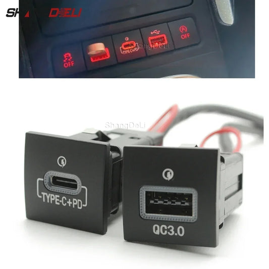 Quick Car Charger Socket 12V/24V USB Charging Outlet Power Adapter QC3.0 PD Type for VW Golf 6 Jetta 5 MK5 Scirocco 2006-2012