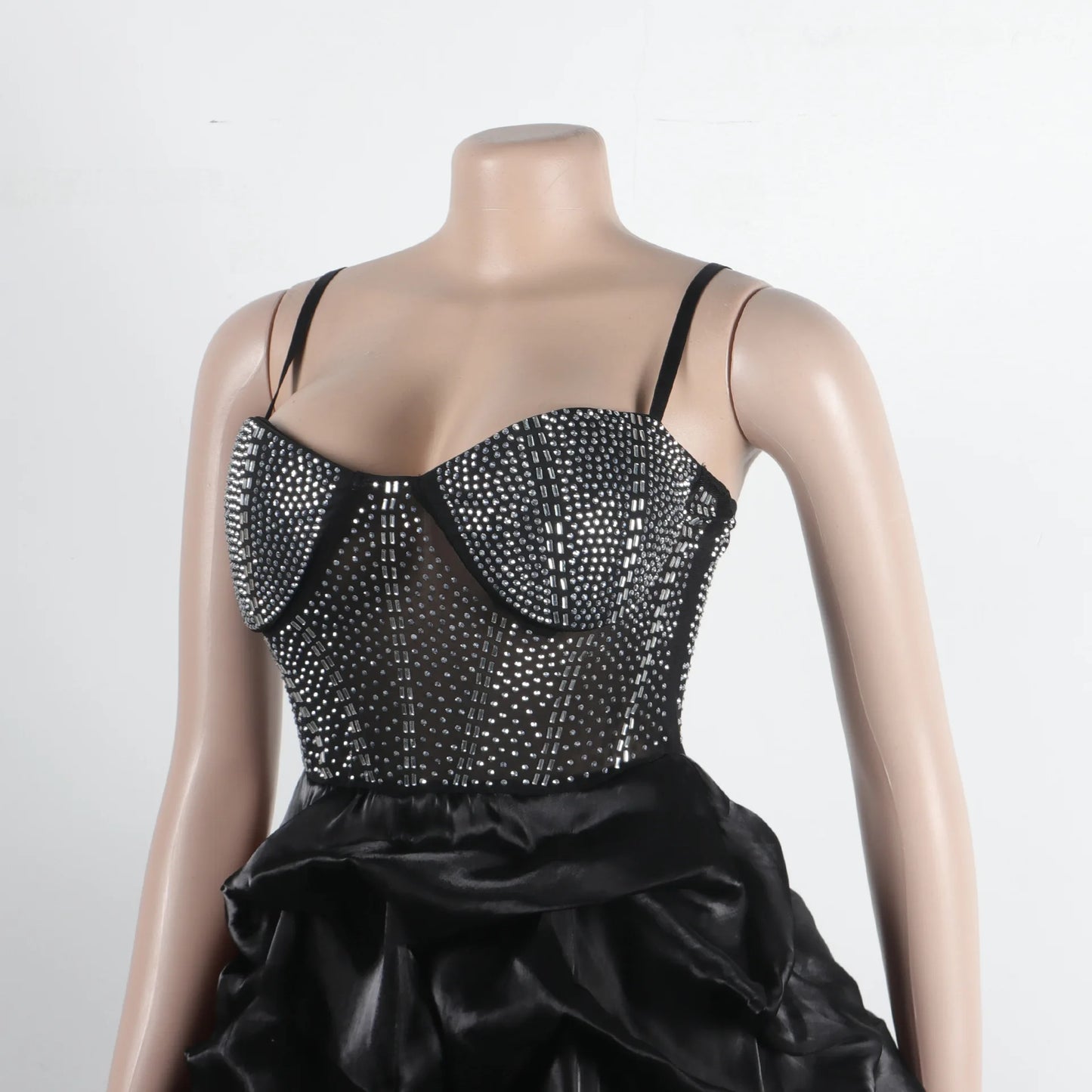 HBLL Sexy Rhinestone Bodycon Ruched Puff Suspenders Dresses Women Sheer Mesh Birthday Party Night Clubwear Summer Dresses Robes
