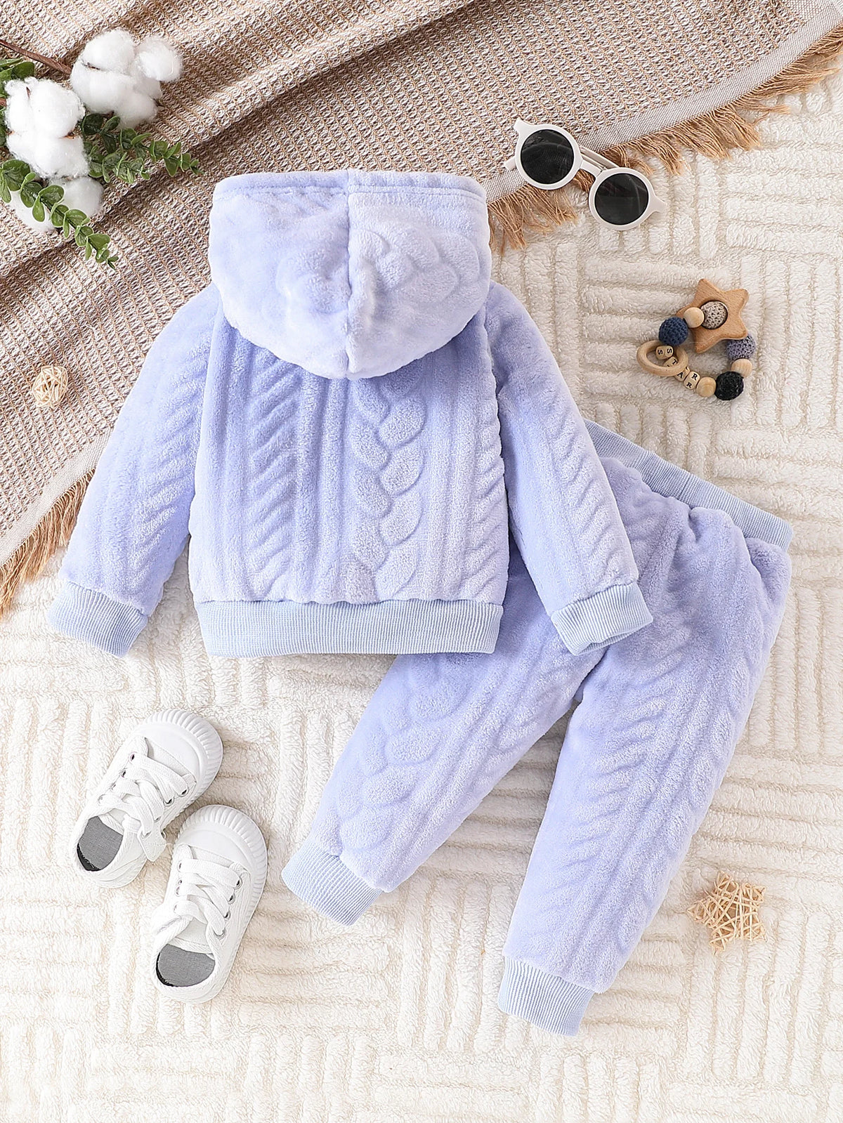 Baby 3M-24M Fleece 2Pcs Outfit Set Hooded Sweatshirt + Pants Solid Cable Texture Warm Autumn Winter Infant Casual Clothes