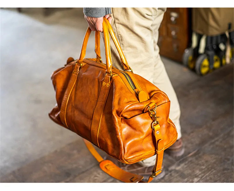 Vintage fashion luxury genuine leather men's travel bag outdoor weekend large capacity crossbody bag real cowhide women handbag