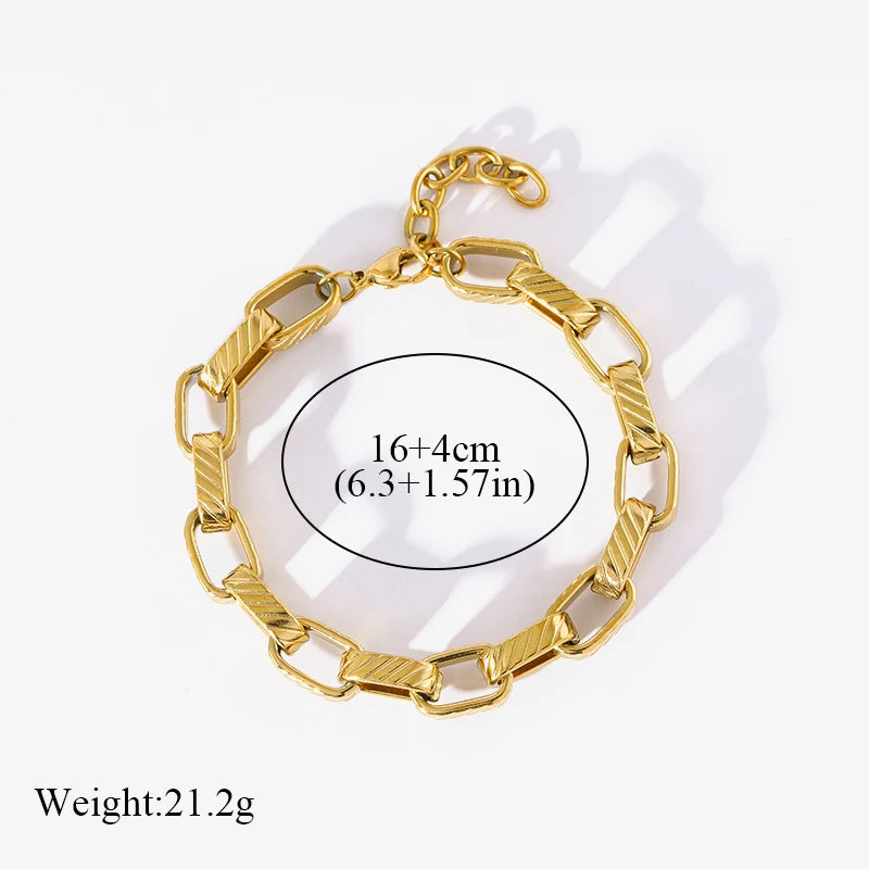 EILIECK 316L Stainless Steel Metal Texture Oval Chain Bracelet Bangle For Women 18K PVD Plated Wrist Chain Waterproof Jewelry