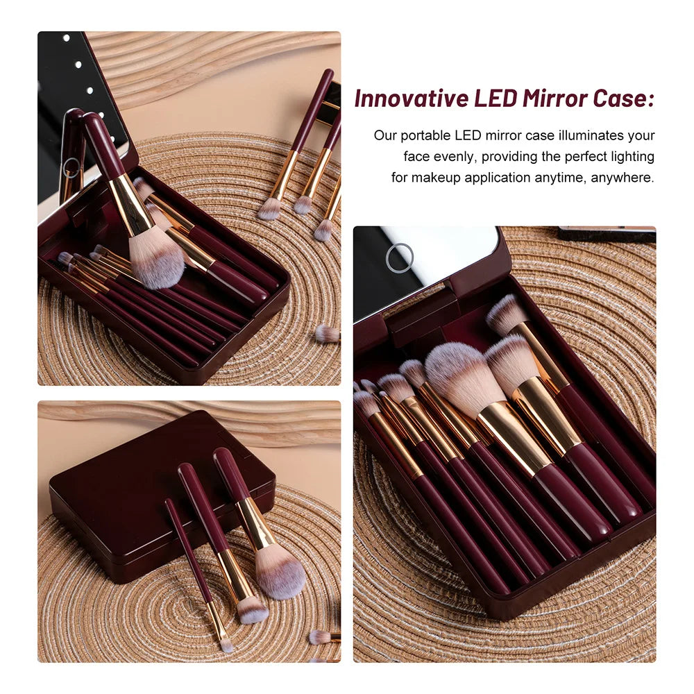 14 PCS Makeup Brush Set With Illuminated Mirror Portable Short Handle LED Light USB Rechargeable Makeup Brushes Kit