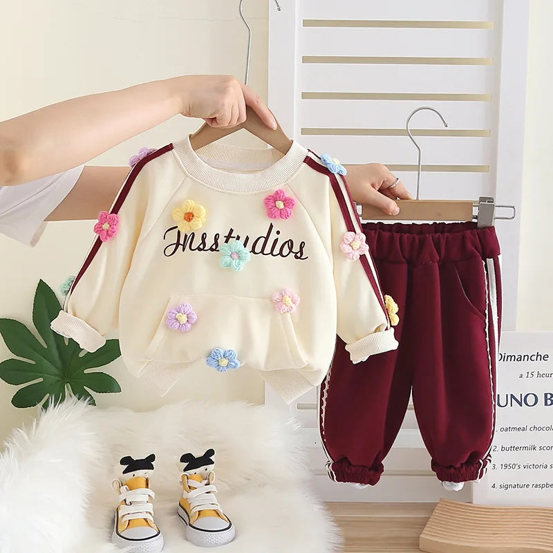 Baby 2Pcs Outfit Set 3D Colorful Flower Decor Raglan Long Sleeve Sweatshirt Striped Jogger Pants Infant Soft Cotton Spring Set