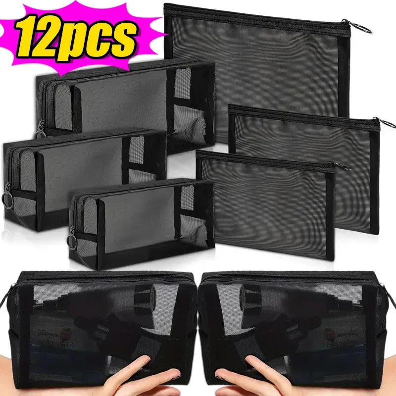 1/12pcs Mesh Clear Cosmetic Bags Small Large Black Makeup Bag Portable Travel Toiletry Organizer Case Lipstick Storage Pouch