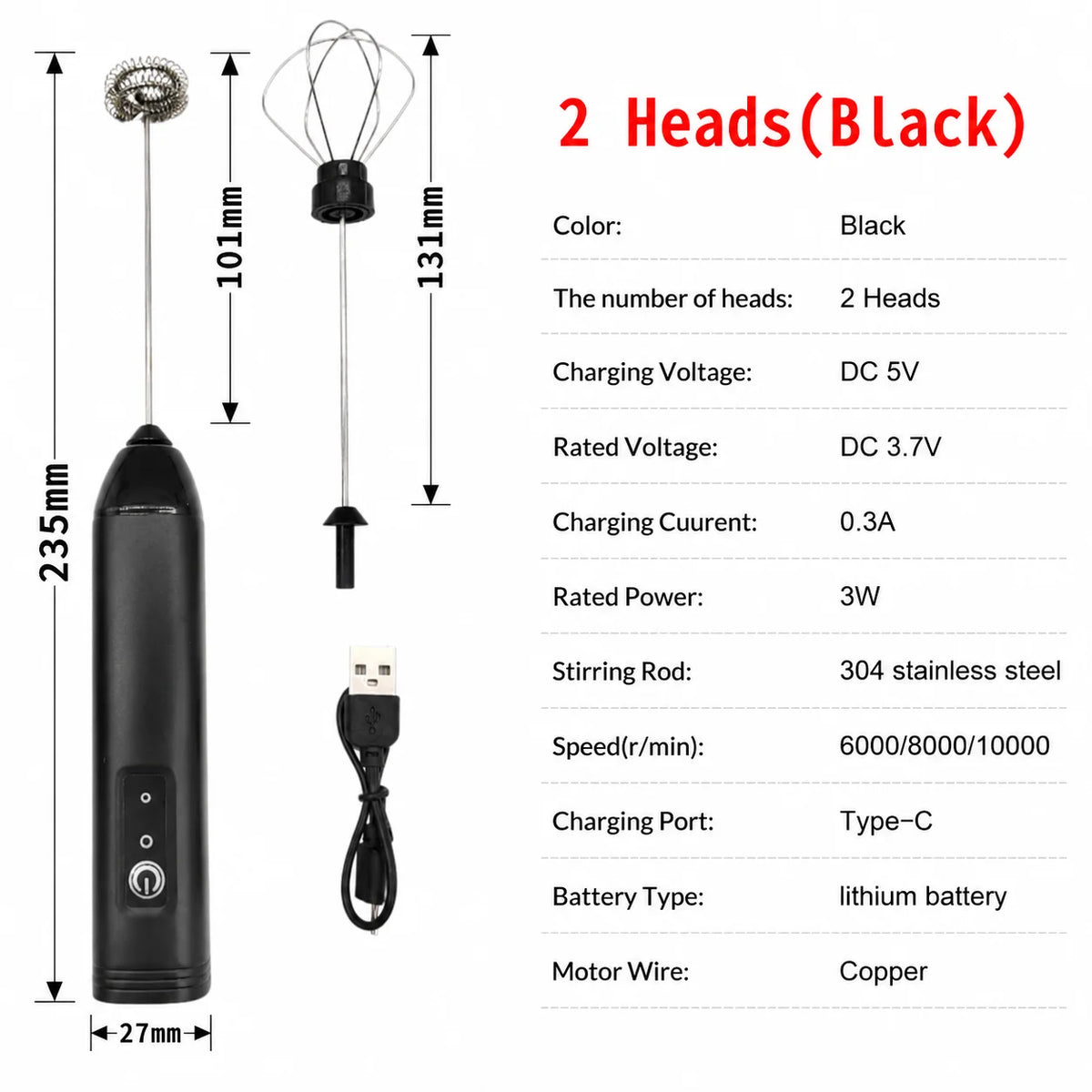 Electric Coffee Frother 2 In 1 Rechargeable Type-C Blender Stainless Steel 3 Speeds Milk Mixer Egg Beater Handheld Foam Maker