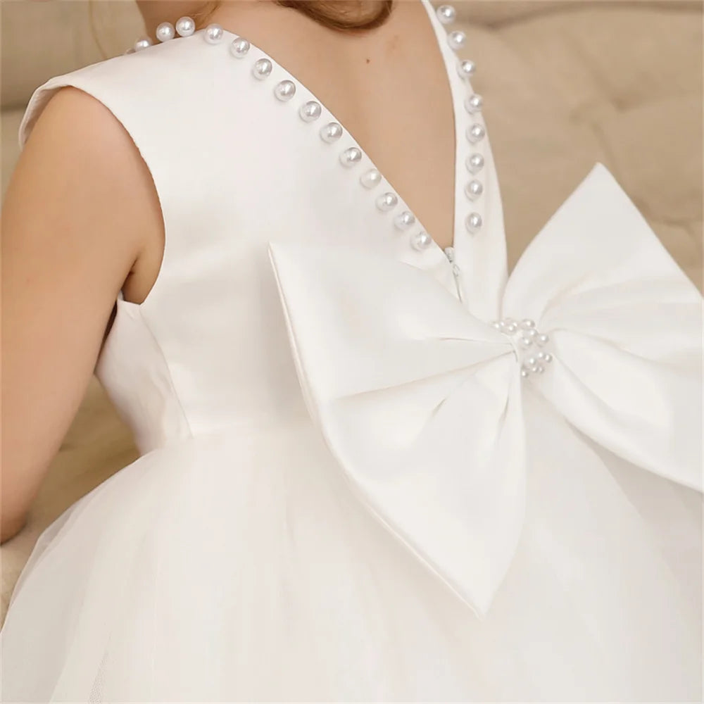 Toddler Girl Flower Birthday Tulle Pearl Dress Backless Bow Wedding Gown Baby Girl Bowknot Dresses Kid Party Wear Princess Dress