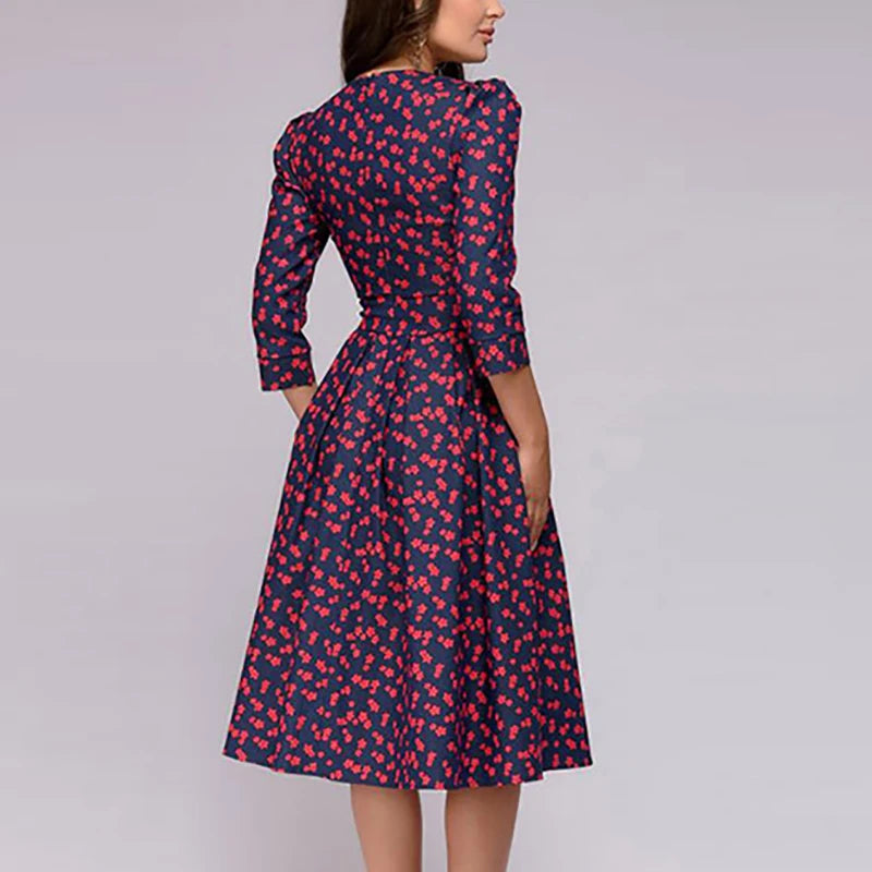 2023 Spring AutumnOffice Lady Knee Length Elegant Vintage Long Sleeve Party Dresses Women Floral Printed Dress New