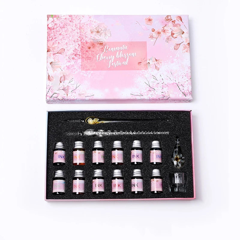 2022 Sakura Glass Dip Pen Set 2Pcs Crystal Glass Pens with 12 Gold Powder Inks for Signatures Drawing Caligraphy Kit Gifts