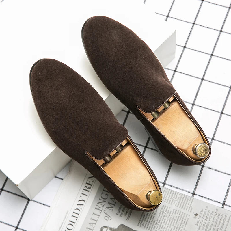 Fashion Classic Men Suede Shoes Male Pointed Brown Black Slip On Loafers Wedding Dress Homecoming Formal Footwear Zapatos Hombre