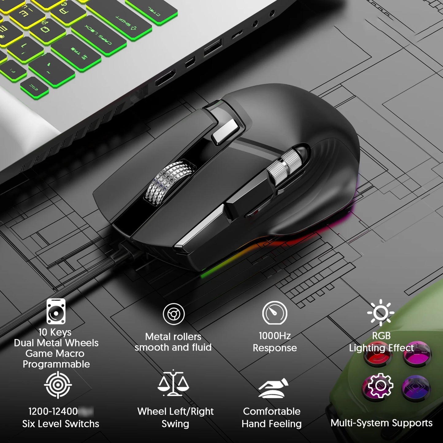 RGB Wired Gaming Mouse 7 Lighting Modes Dual Scroll Wheels Macro Programmable 1200-12400 DPI Ergonomic Design for PC Gamer