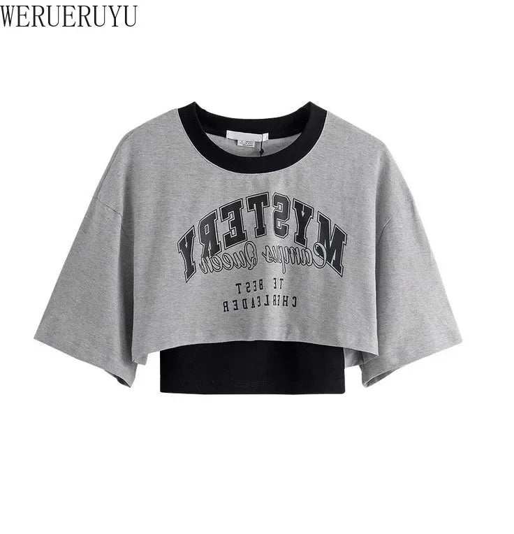 Vintage Print Graphic T-shirt Women Crop Top Short Sleeve Y2k Clothes Summer Loose Sexy Short Two-piece T-shirt Set Womens 2025