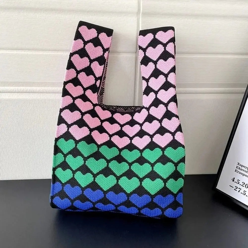Large Capacity Knit Handbag Women Girls Knot Wrist Bag Reusable Mini Heart Tote Bag Handmade Portable Shopping Bags