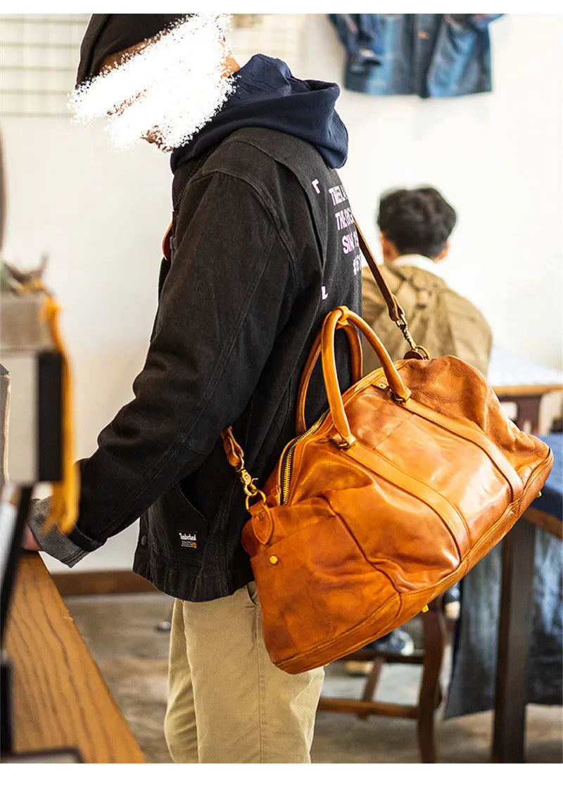 Vintage fashion luxury genuine leather men's travel bag outdoor weekend large capacity crossbody bag real cowhide women handbag