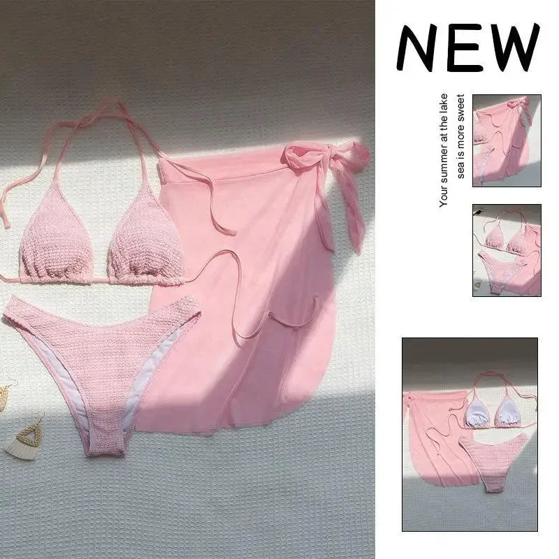 Pink Solid Color 3-piece Swimsuit Women 2026 Summer Beach Skirt Bikini V-neck Halter Backless Bathing Suit Summer Beach Swimwear