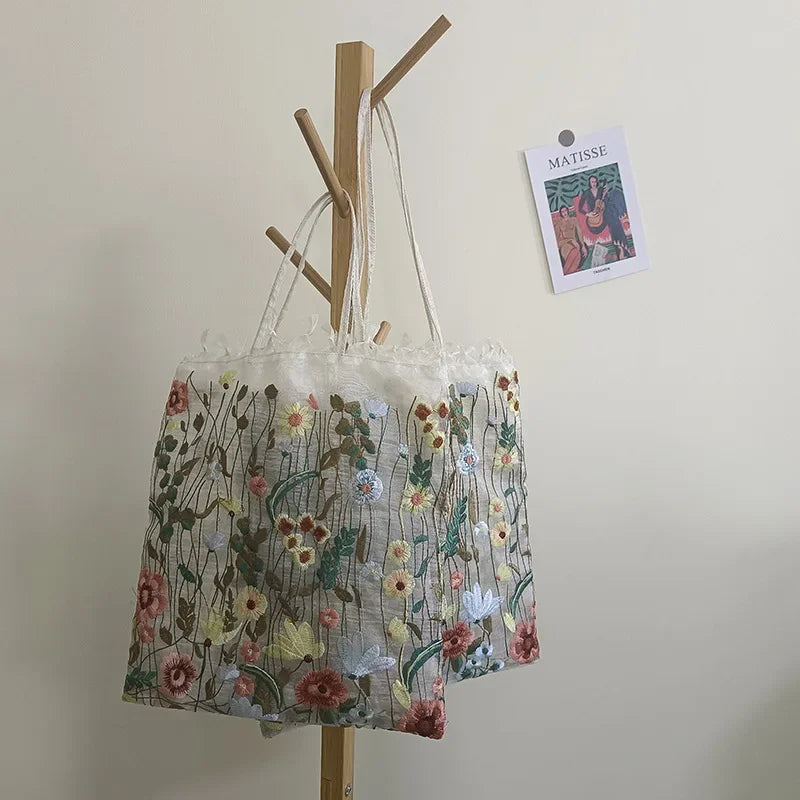 1Pc Fashion Tote Summer New Style Mesh Full Embroidery Flowers Clear Shoulder Bag Romantic Handbag Women's Eco Shopping Bag 2025