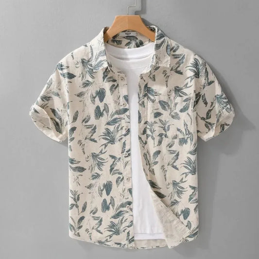 Vacation Leaf Print Linen Blend Short Sleeve Shirt Mens Lapel Casual Breathable Top