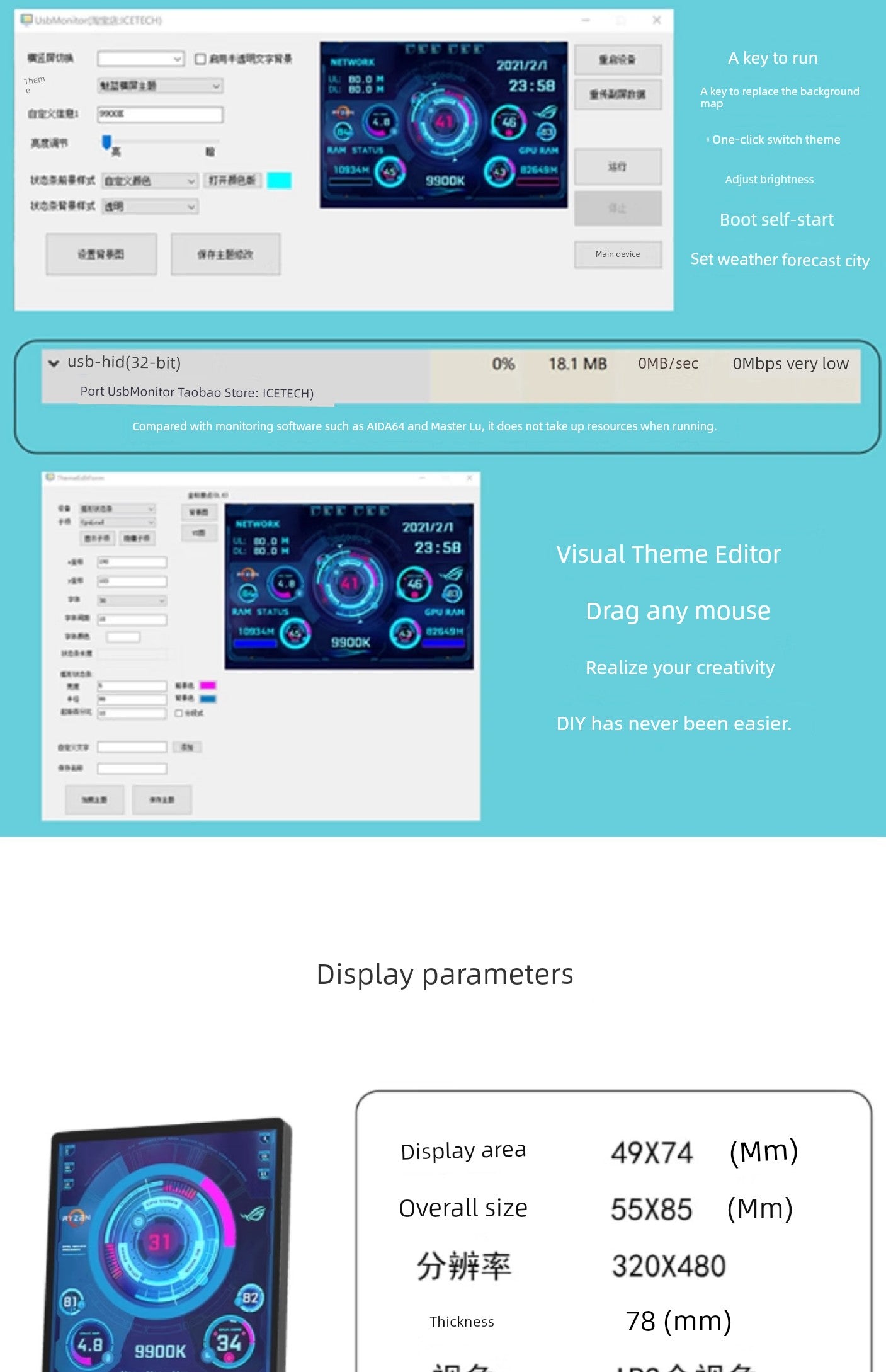 3.5-Inch Computer Sub-Screen IPs Full View USB-C Chassis Sub-Screen Computer Status Monitoring Installation-Free Aida64