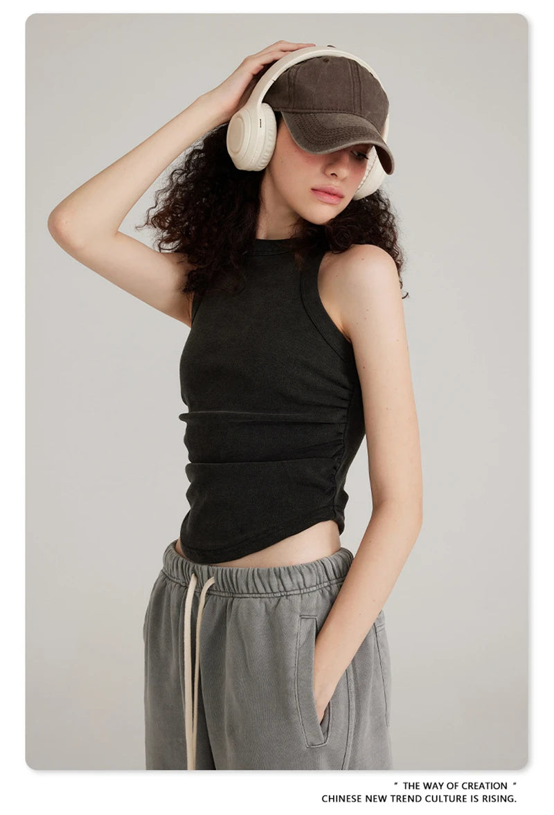 ZODF Women 2025 Hotsweet Girls Washed Cotton Tank Tops Female 315gsm Slim Pleated Arc Hem Camisole TEE Brand Tops HY0574