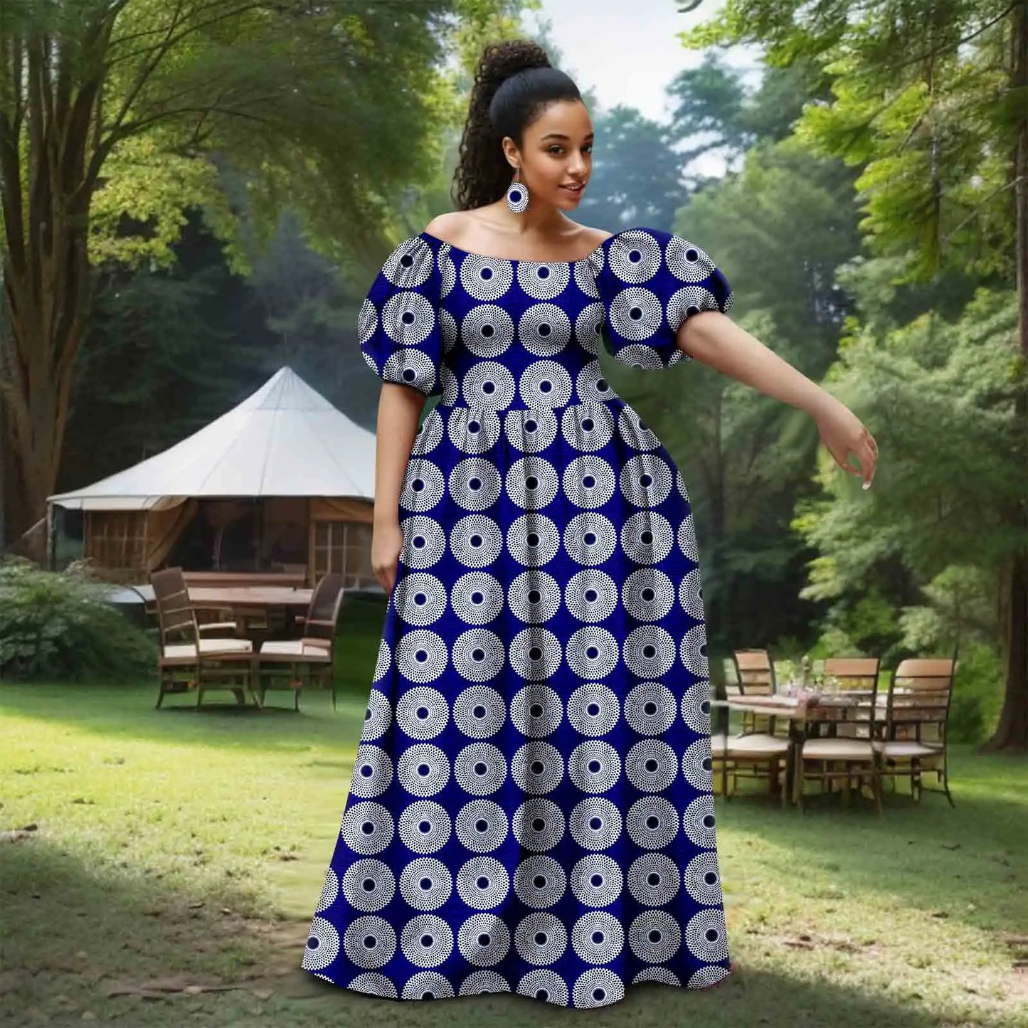 Afripride African Women's Dresses Sexy Strapless Bubble Sleeves With Same Color Earrings Women's Dresses 2525012