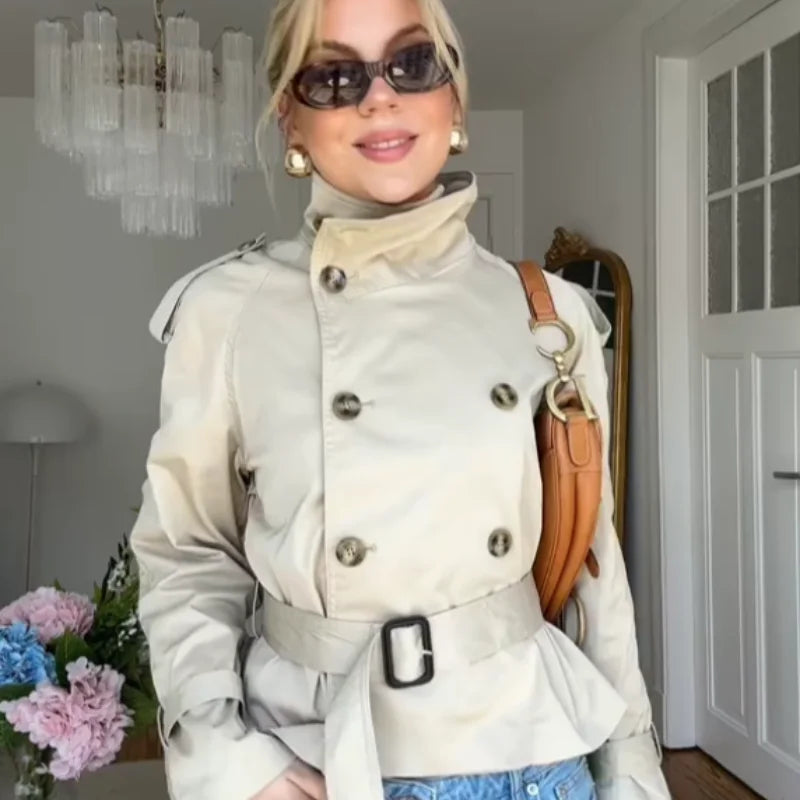 Fashion Women's Short Belt Jackets Long Sleeve Stand Collar Double Breasted Female Coat 2025 Autumn Lady Solid Outwear