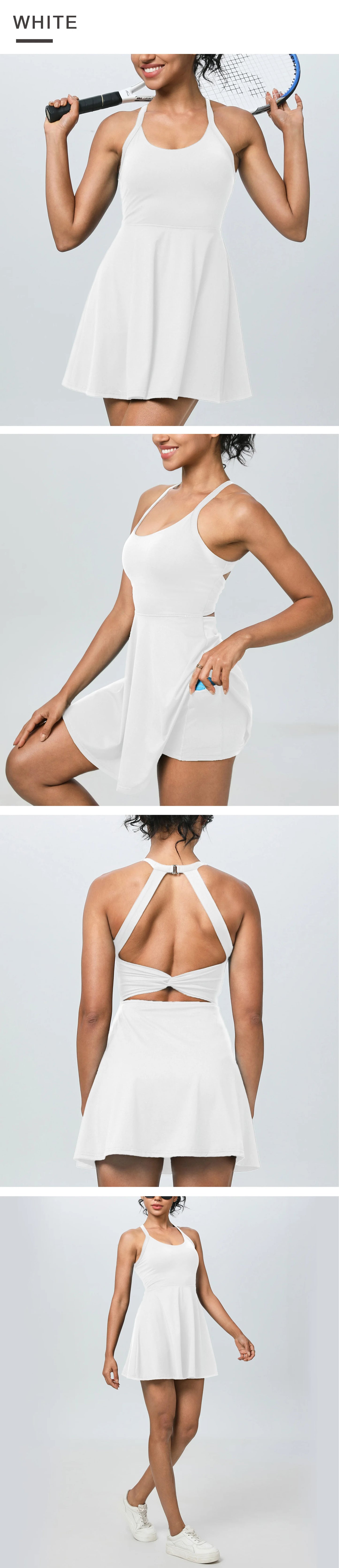 Summer Women Sexy Backless Tennis Dress Sleeveless A-lined Athletic Dress Built-in Bra & Shorts Ladies Elastic Workout Skirts