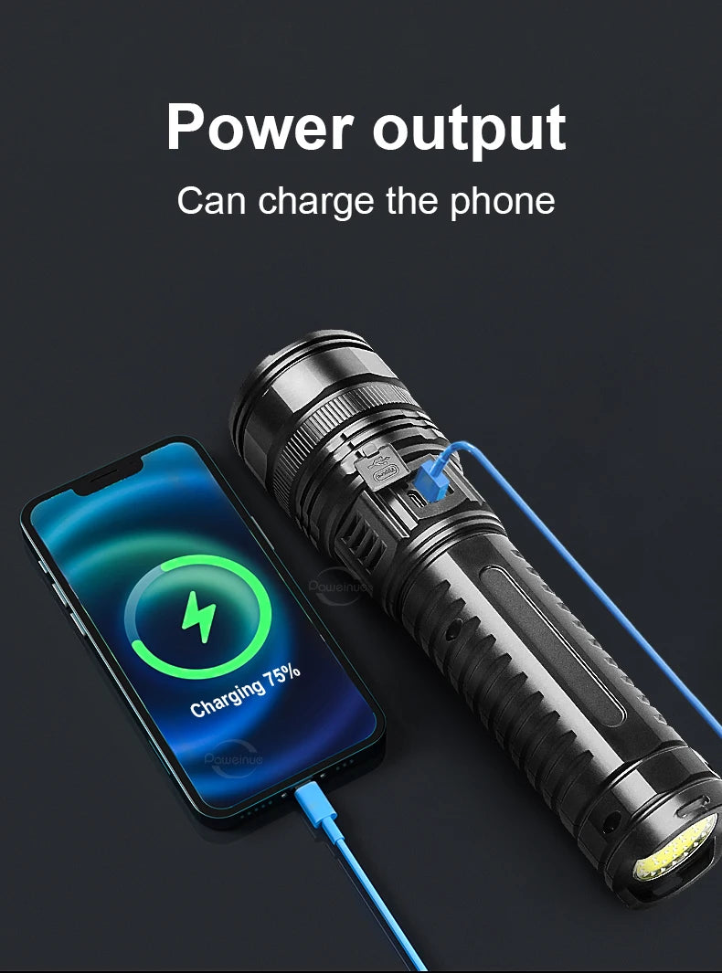 500000LM Ultra Bright LED Flashlight Bult-in Battery Most Powerful Flashlights Tactical Lantern COB Lights Emergency Spotlights