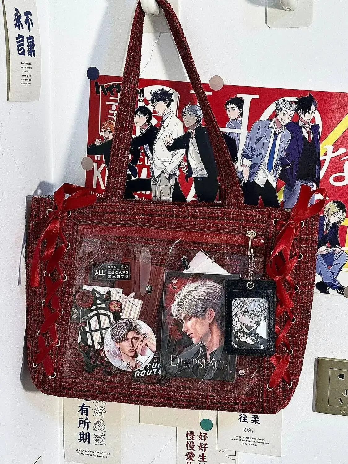 New Y2K Ribbon Bow Japanese Ita Shoulder Bag Cute Girl Transparent Pocket Large Capacity Crossbody Tote Bag DIY Display Handbags