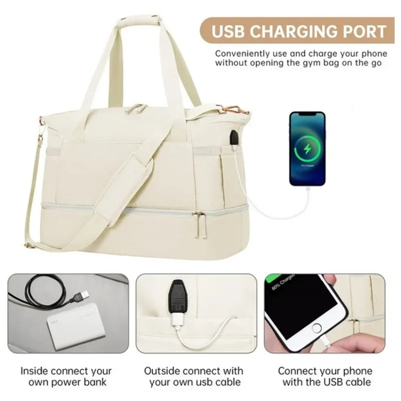 Large Capacity Gym Bag Multifunctional USB Charging Port Storage Bag Dry Wet Separation Sports Travel Organizer Home Storage