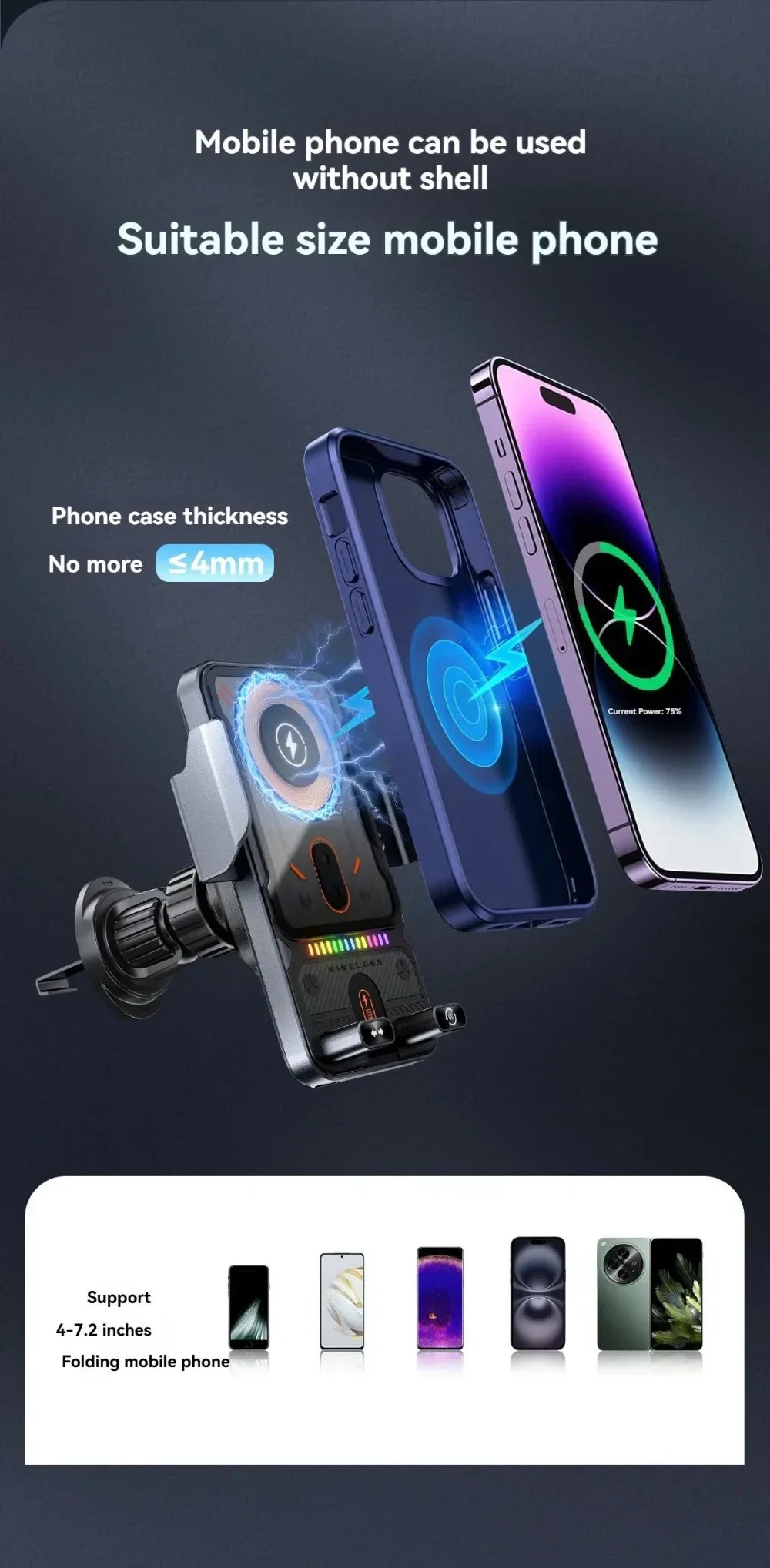 Auto-Sensing Car Wireless Charger Electric Rotating Mount Ambient Light Compatible Fast Charging Station for iPhone 17 16 15 14
