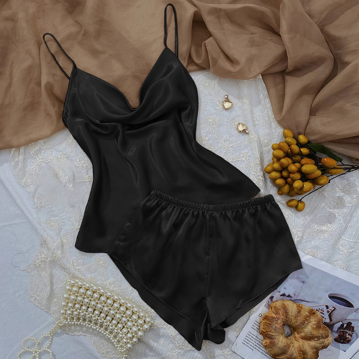 Solid Satin Pajama Set  V Neck Cami Top   Elastic Waistband Shorts Women's Sleepwear  Loungewear