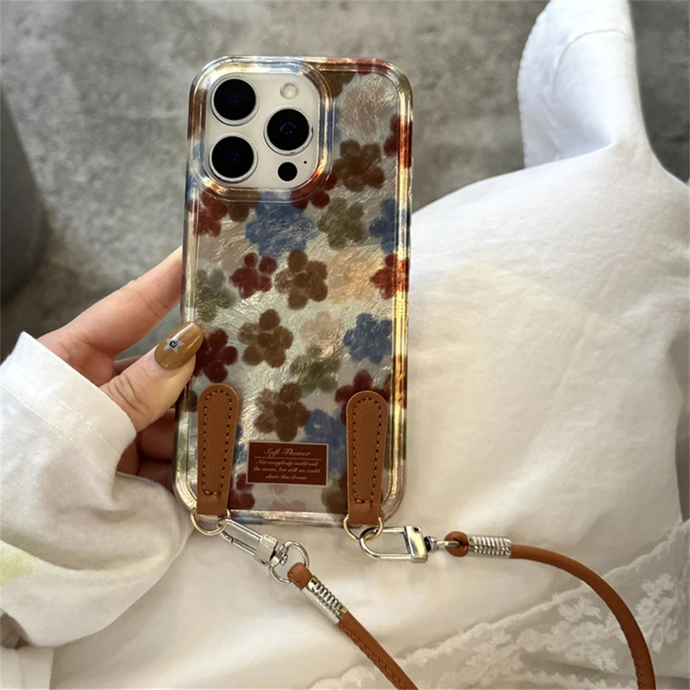 Fashion INS Flower With Leather Wrist Strap Case For iPhone 15 14 13 16 Pro Max 16 Shine Sliver Laser Korea Style Back Cover
