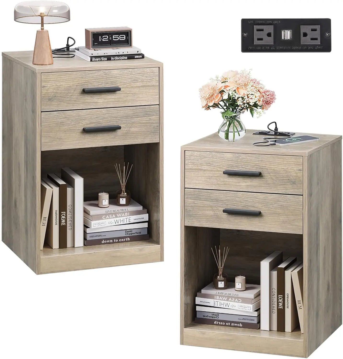 Nightstand Set of 2 with Charging Station,Wood Night Stand Sets with2 Drawers and Open Shelf,Bed Side Tables Bedroom,Living Room