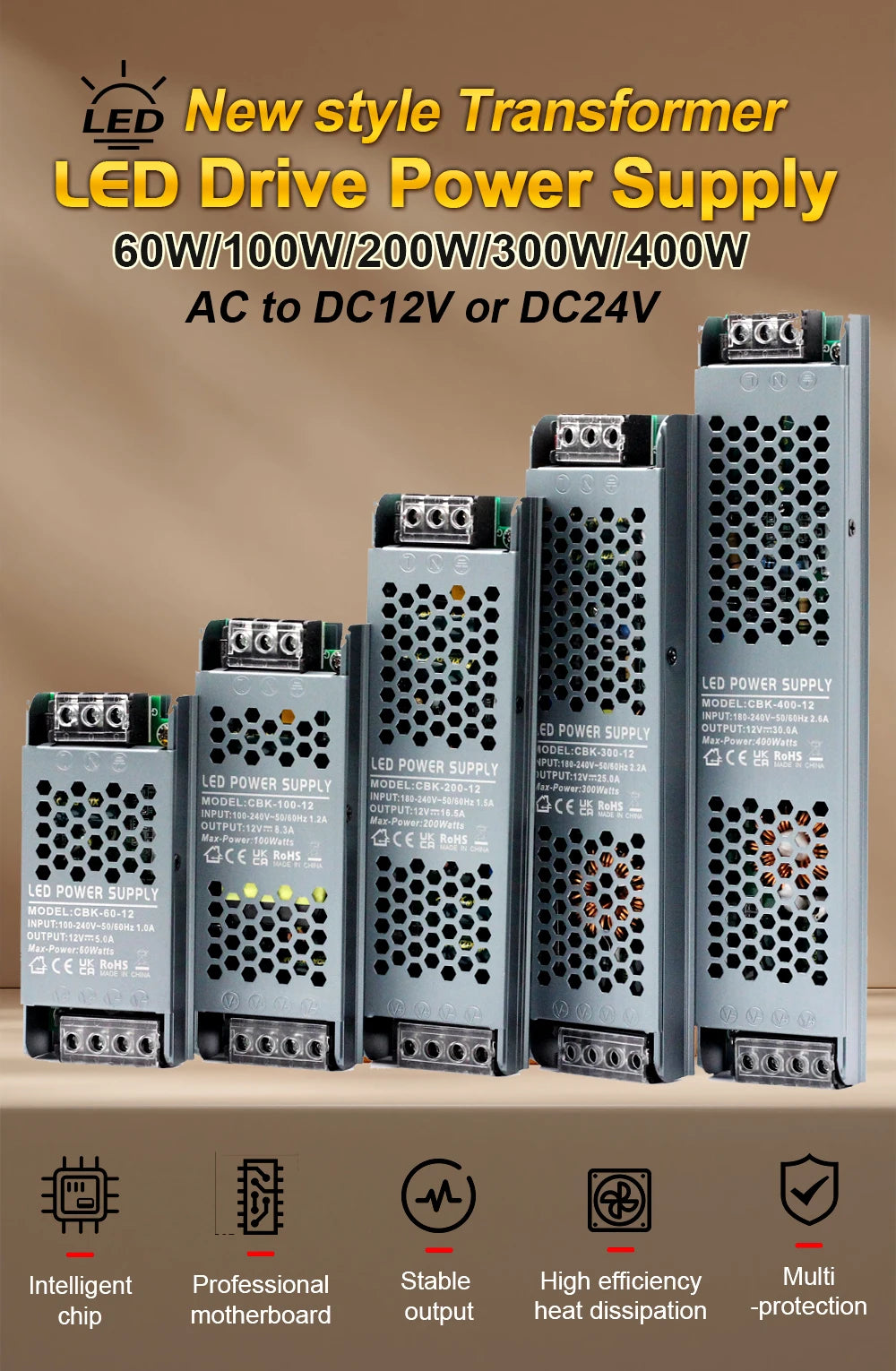 Ultra-thin silent LED power supply DC 12V 24V transformer supply 60W-400W power  AC 100-265V quality ultra thin led transformers